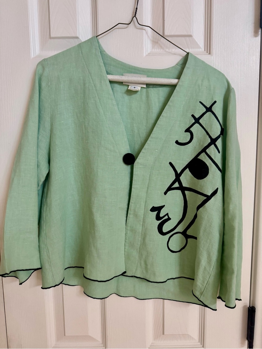 Vintage AHNI 100% Linen Wearable Art Jacket Mint Green Black Abstract Made USA S
